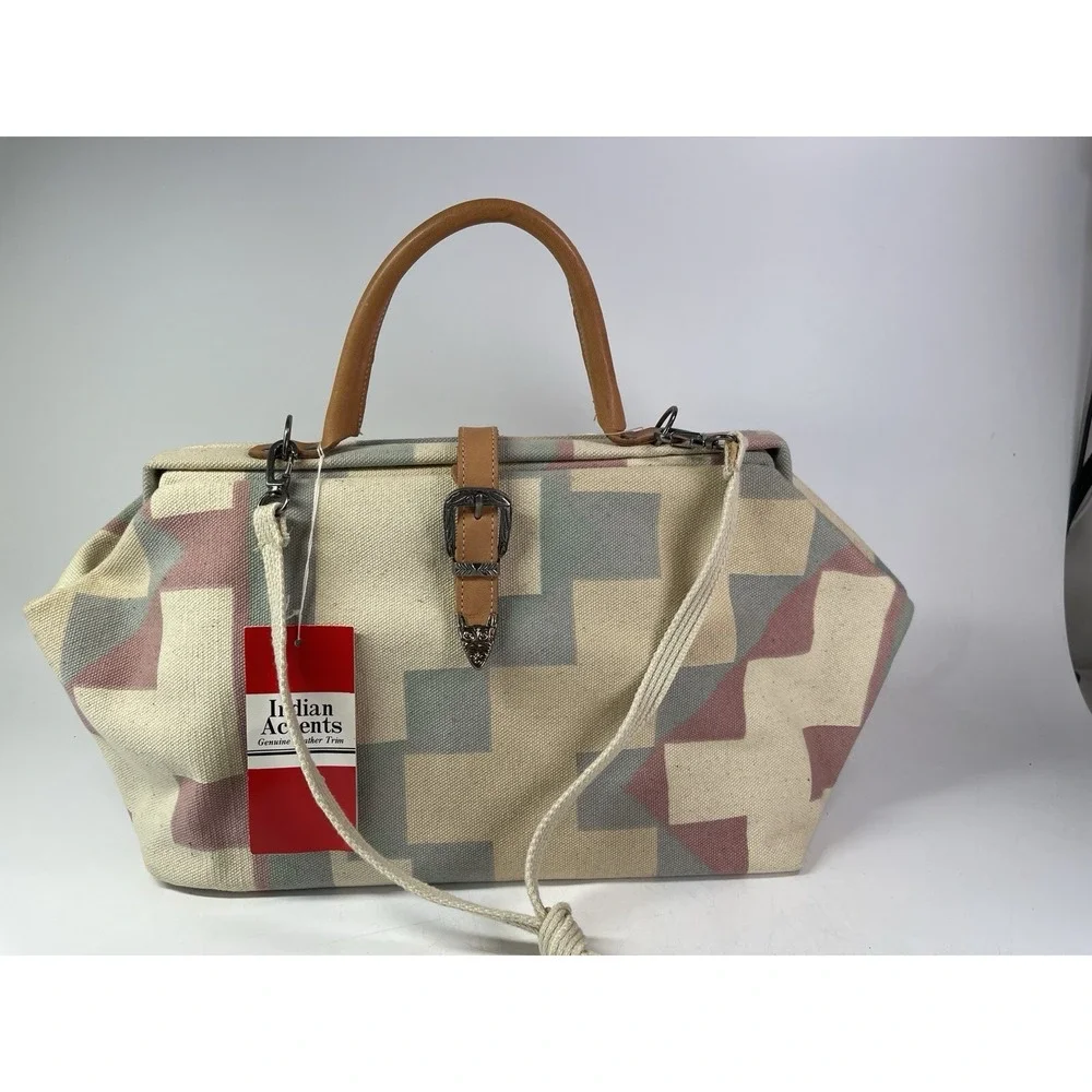 Rivage Vintage Southwestern Tribal Print Canvas Satchel Leather Trim Purse NWT